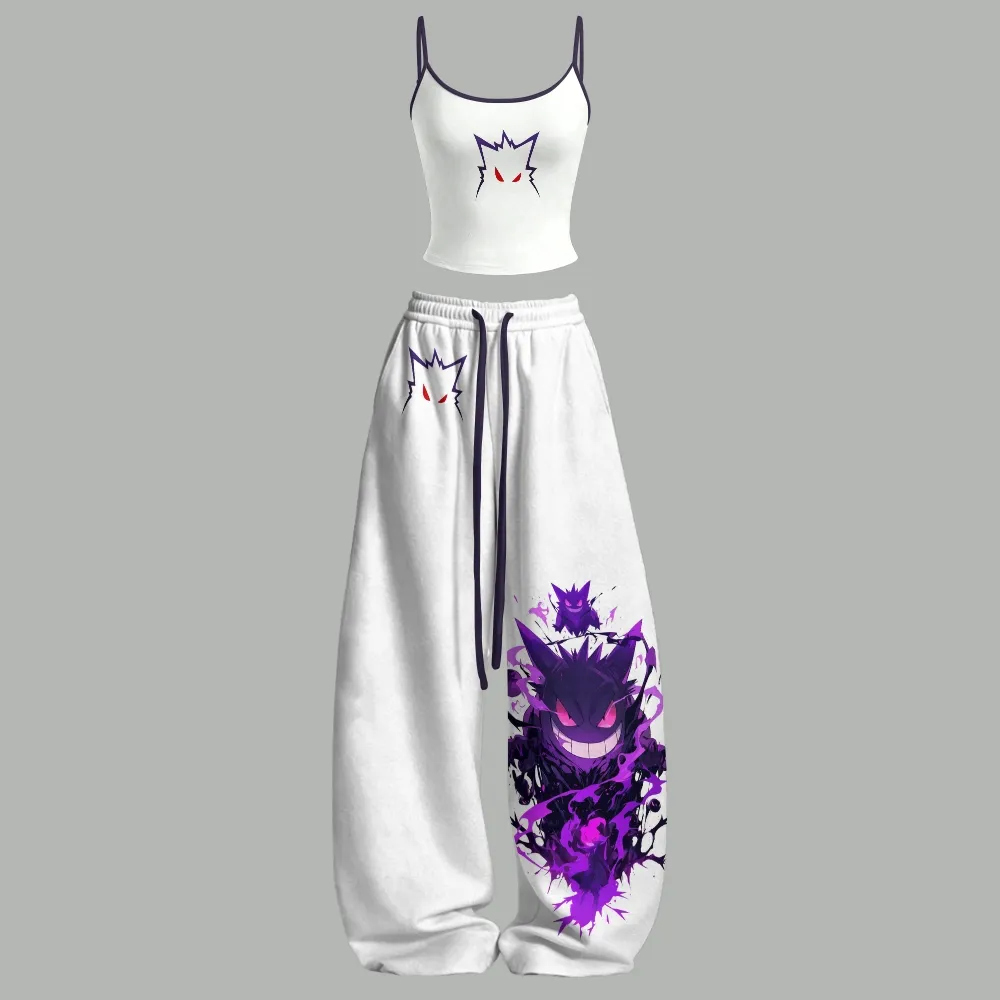 Pokémon Gengar Cami Crop Top and Wide Leg Trousers Two-Piece Set, Women's White and Purple Shadow Ghost Lounge Outfit, Pokémon Fan Gift Idea