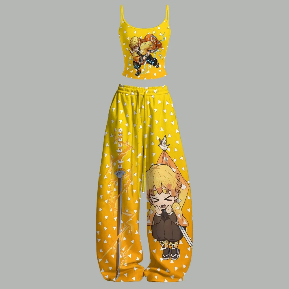 Demon Slayer Zenitsu Agatsuma Cami Crop Top and Wide Leg Trousers Two-Piece Set, Women's Yellow Triangle Pattern Lounge Outfit, Thunder Gift