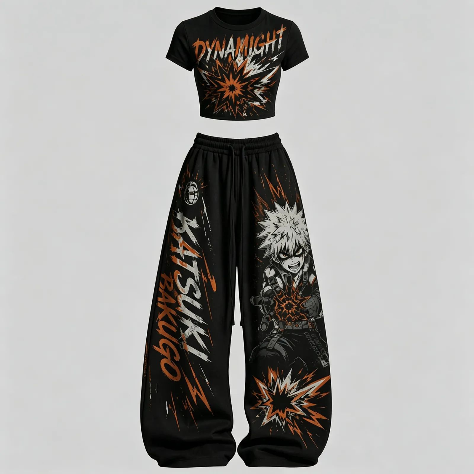 My Hero Academia Katsuki Bakugo Dynamight Crop Tee and Wide Leg Trousers Two-Piece Set, Women's Black Anime Lounge Outfit, MHA Fan Matching Set