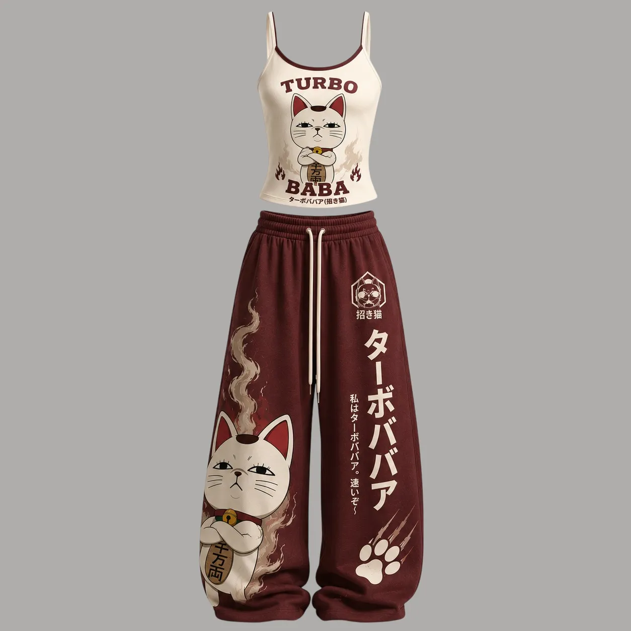 Dandadan Turbo Granny Lucky Cat Cami Crop Top and Wide Leg Trousers Set, Turbo Baba Maneki Neko Women's Two-Piece Set, Maroon Anime Outfit