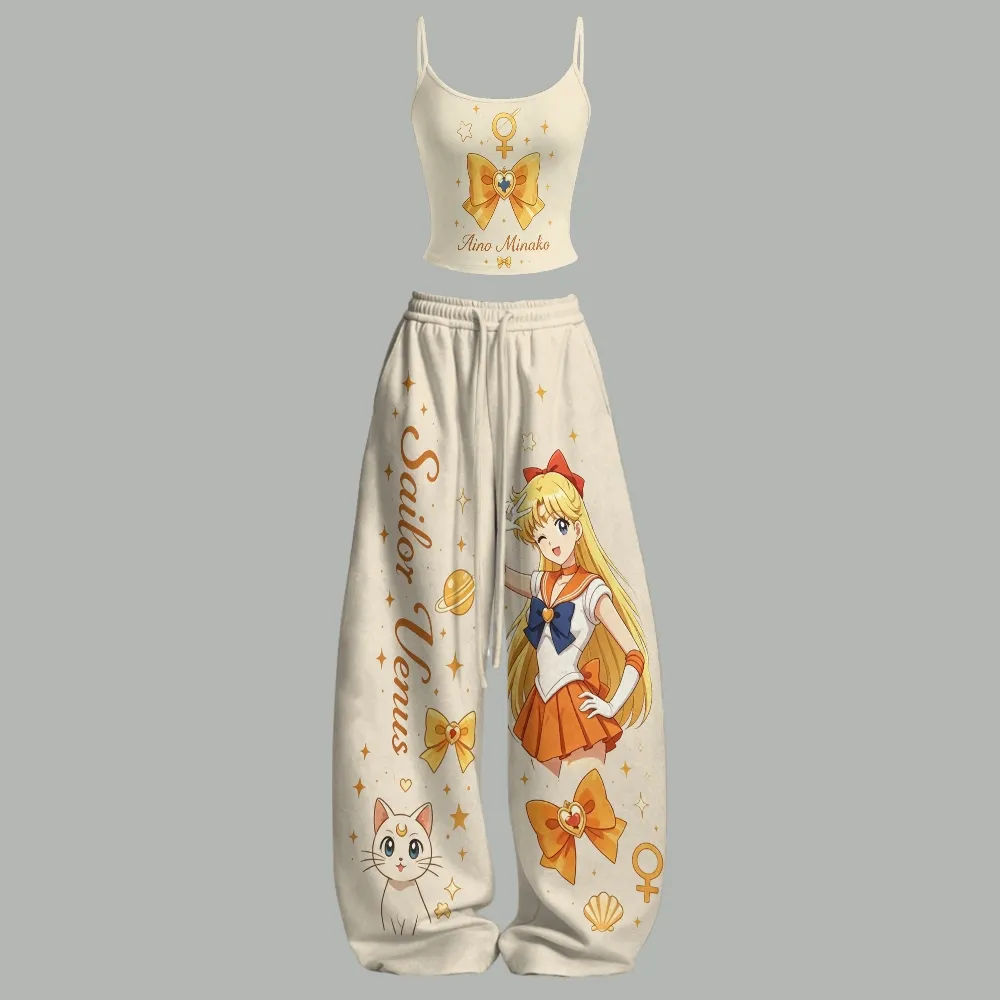 Sailor Moon Sailor Venus Cami Crop Top and Wide Leg Trousers Two-Piece Set, Women's Aino Minako and Artemis Anime Lounge Outfit, Matching Set
