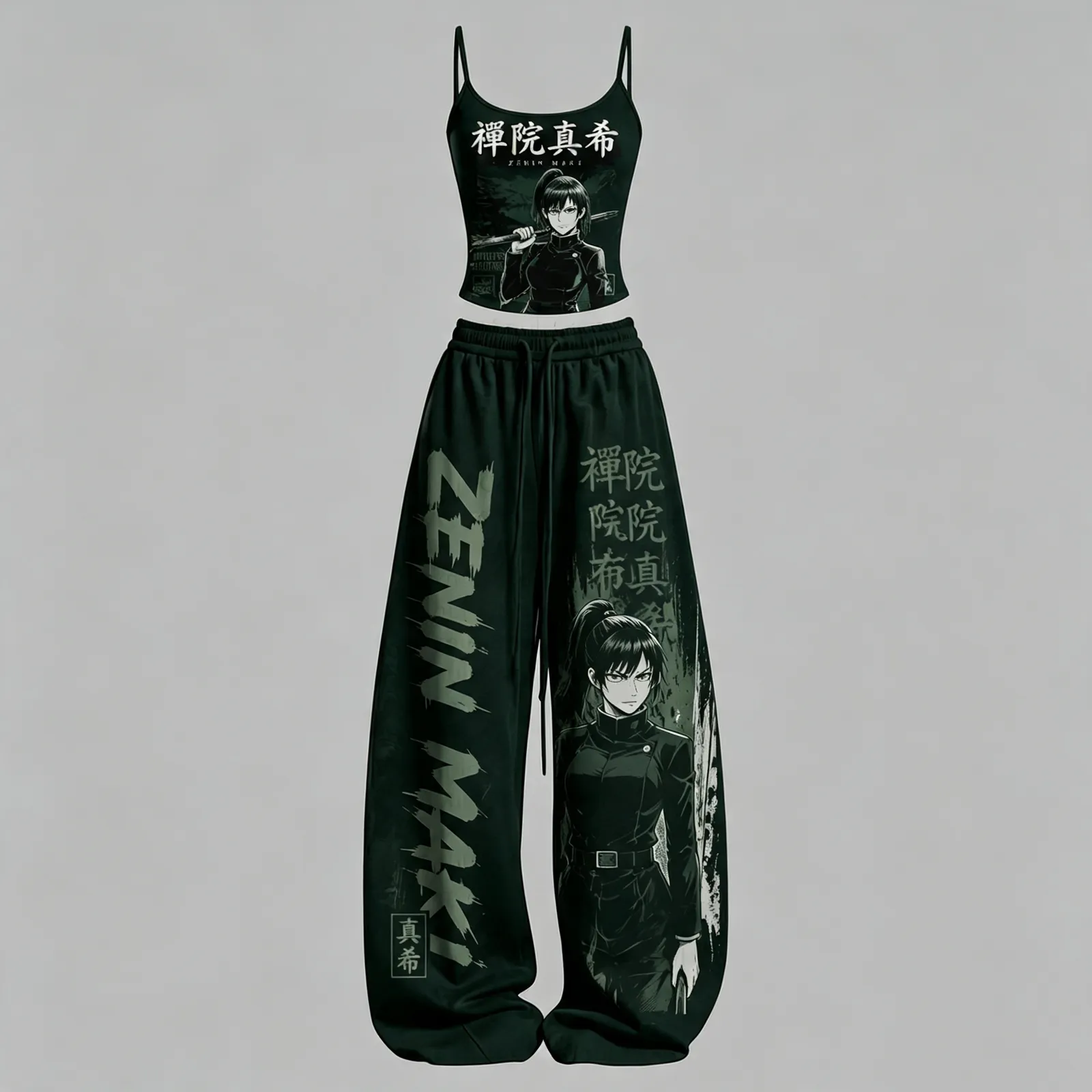 Jujutsu Kaisen Zenin Maki Cami Crop Top and Wide Leg Trousers Two-Piece Set, Women's Dark Green Anime Lounge Outfit, Japanese Kanji Matching Set