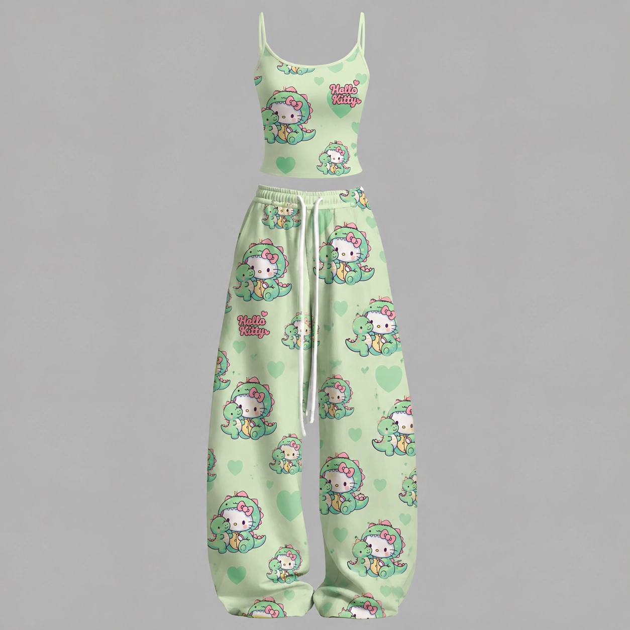 Hello Kitty Dinosaur Cami Crop Top and Wide Leg Trousers Two-Piece Set, Women's Mint Green Sanrio Lounge Outfit, Kawaii Matching Set