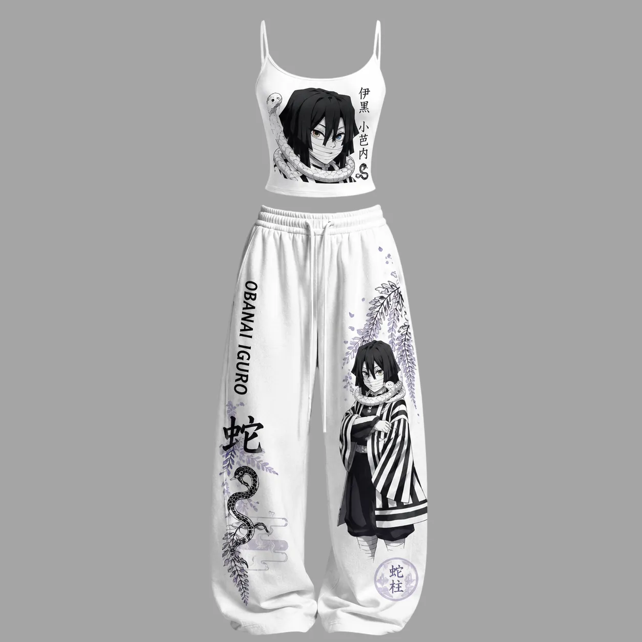 Demon Slayer Obanai Iguro Cami Crop Top and Wide Leg Trousers Two-Piece Set, Women's White Serpent Hashira Wisteria Anime Lounge Outfit