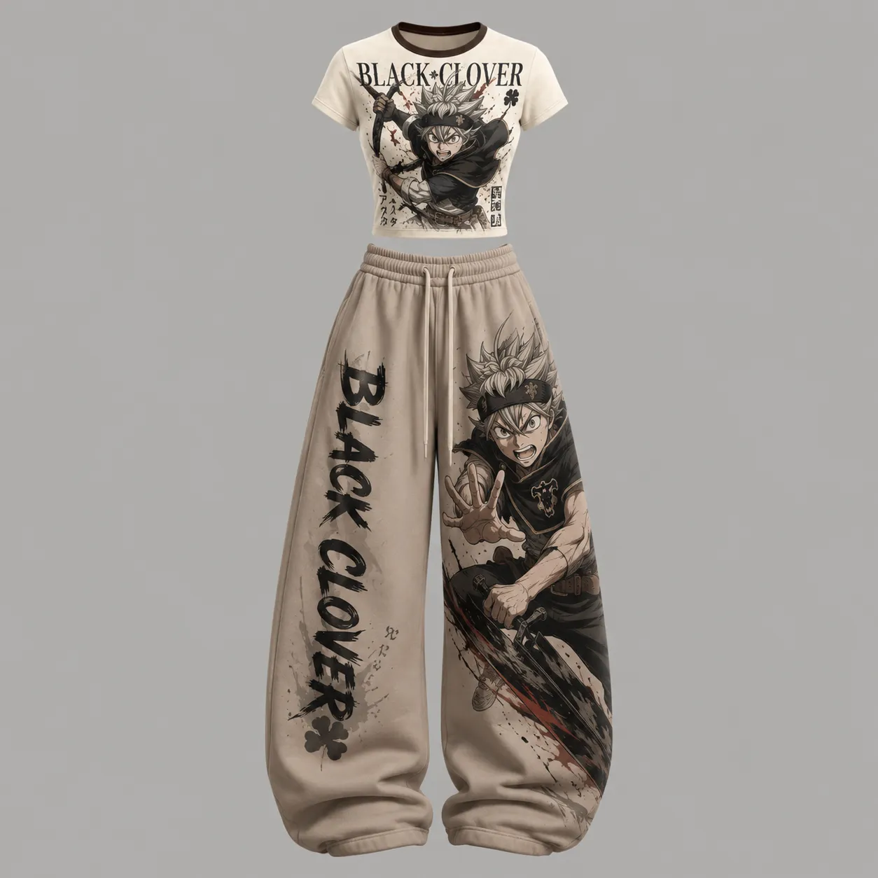 Black Clover Asta Crop Tee and Wide Leg Trousers Two-Piece Set, Women's Bulls Squad Magic Knight Anime Matching Lounge Outfit, Fan Gift