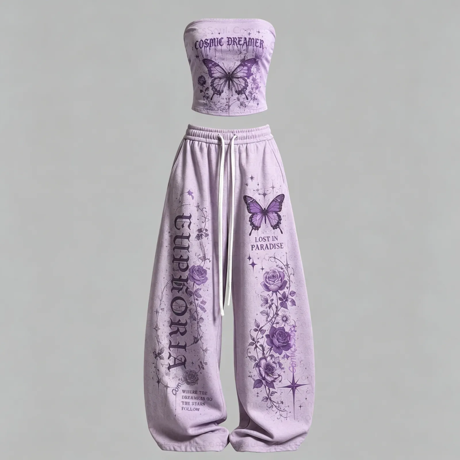 Women's Psychedelic Butterfly Strapless Top and Wide Leg Trousers Two-Piece Set, Lilac Cosmic Dreamer Euphoria Lounge Outfit, Gothic Floral