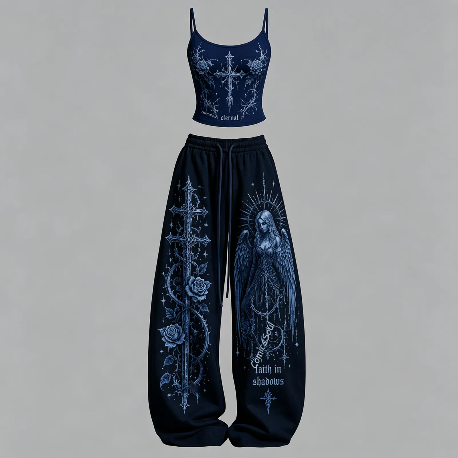 Gothic Heart Eternal Cami Crop Top and Wide Leg Trousers Two-Piece Set, Women's Navy Faith in Shadows Angel Lounge Outfit, Goth Matching Set