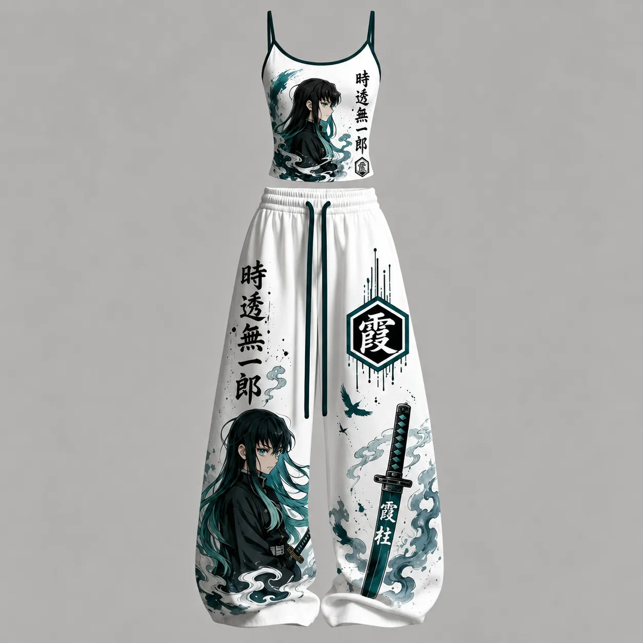 Demon Slayer Muichiro Tokito Mist Hashira Cami Crop Top and Wide Leg Trousers Two-Piece Set, White and Teal Ink Print, Women's Anime Outfit