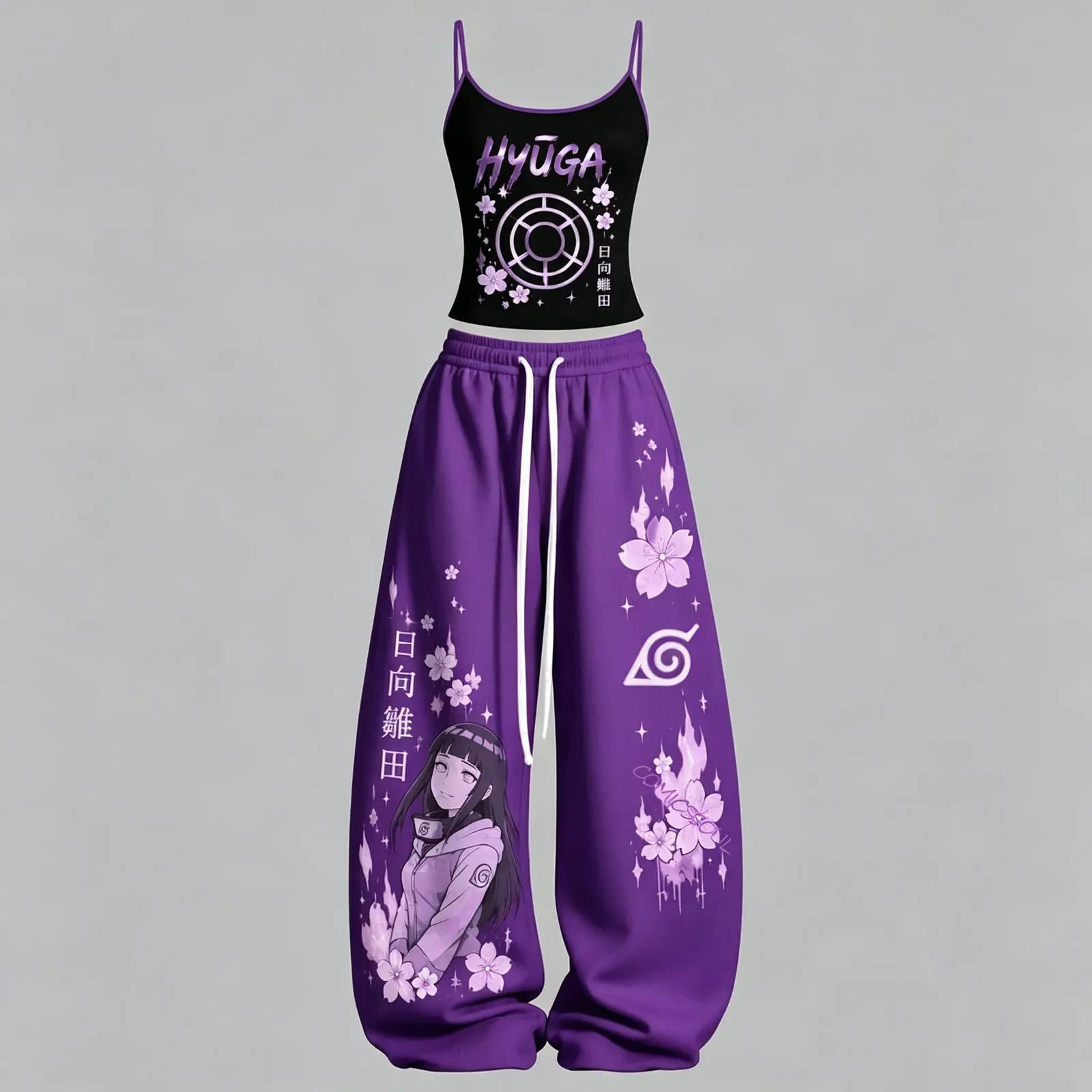 Naruto Hinata Hyuga Cami Crop Top and Purple Wide Leg Trousers Set, Women's Two-Piece Lounge Outfit, Byakugan Cherry Blossom Leaf Village Set