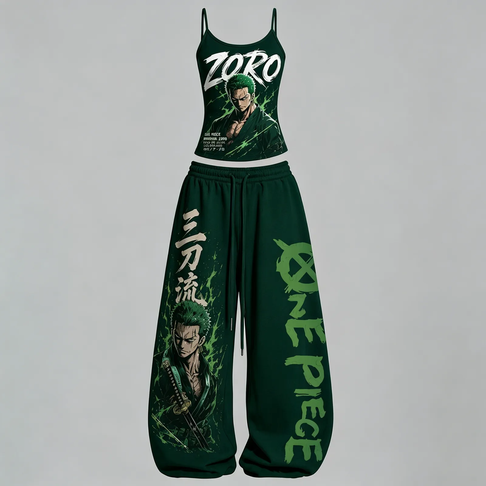 One Piece Roronoa Zoro Three Style Cami Crop Top and Elasticated Wide Leg Trousers Two-Piece Set, Women's Dark Green Brush Lettering Anime Outfit