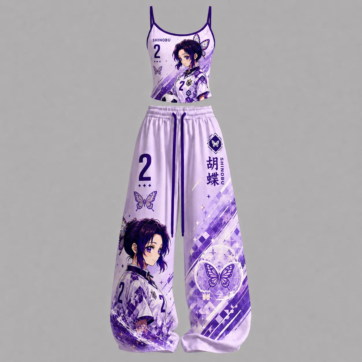 Demon Slayer Shinobu Kocho Soccer Jersey Cami Crop Top and Wide Leg Trousers Set, Women's Two-Piece Lounge Outfit, Butterfly Purple Anime Set