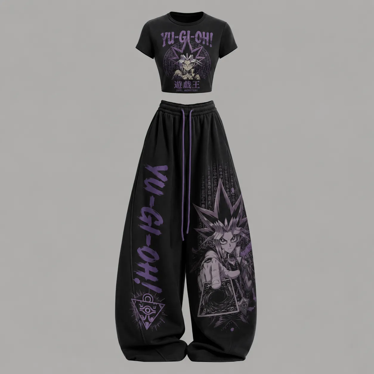 Yu-Gi-Oh! Yami Yugi Duel Monsters Crop Tee and Wide Leg Trousers Two-Piece Set, Women's Black and Purple Anime Lounge Outfit, Millennium Set