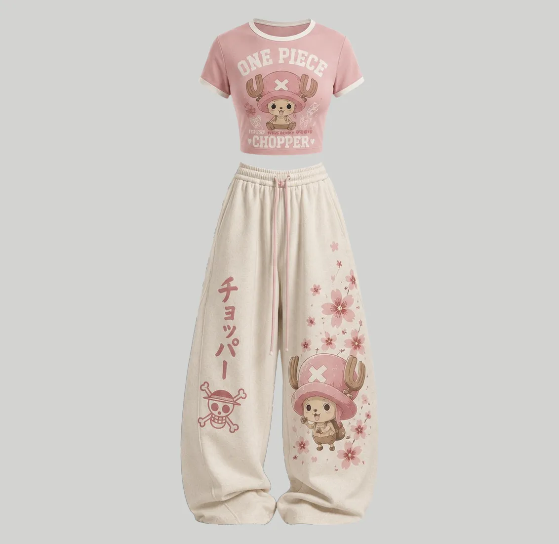 One Piece Chopper Crop Tee and Wide Leg Trousers Two-Piece Set, Women's Pink Cherry Blossom Lounge Outfit, Anime Matching Set