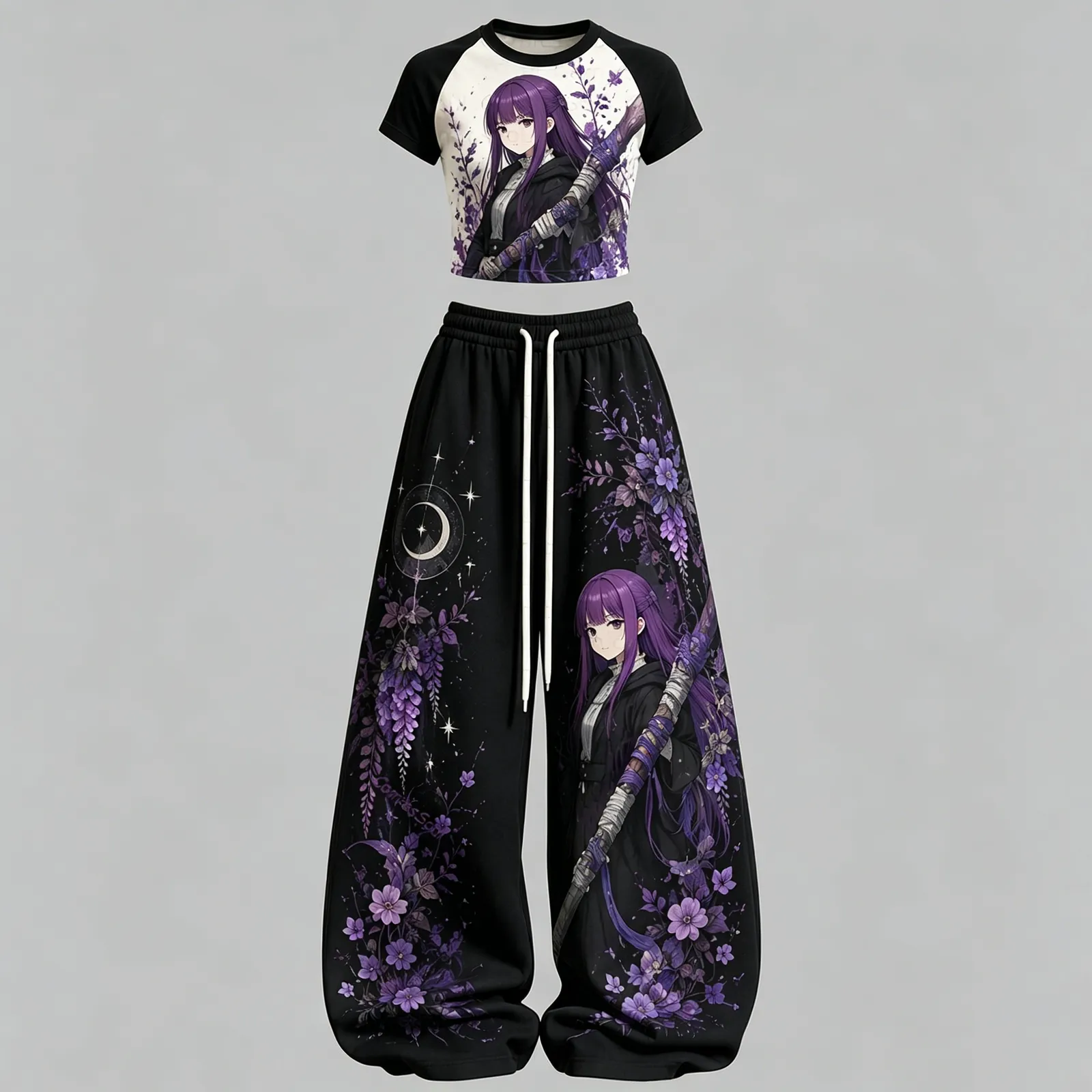 Frieren Fern Crop Tee and Wide Leg Trousers Two-Piece Set, Women's Black and Purple Anime Lounge Outfit, Beyond Journey's End Wisteria Set