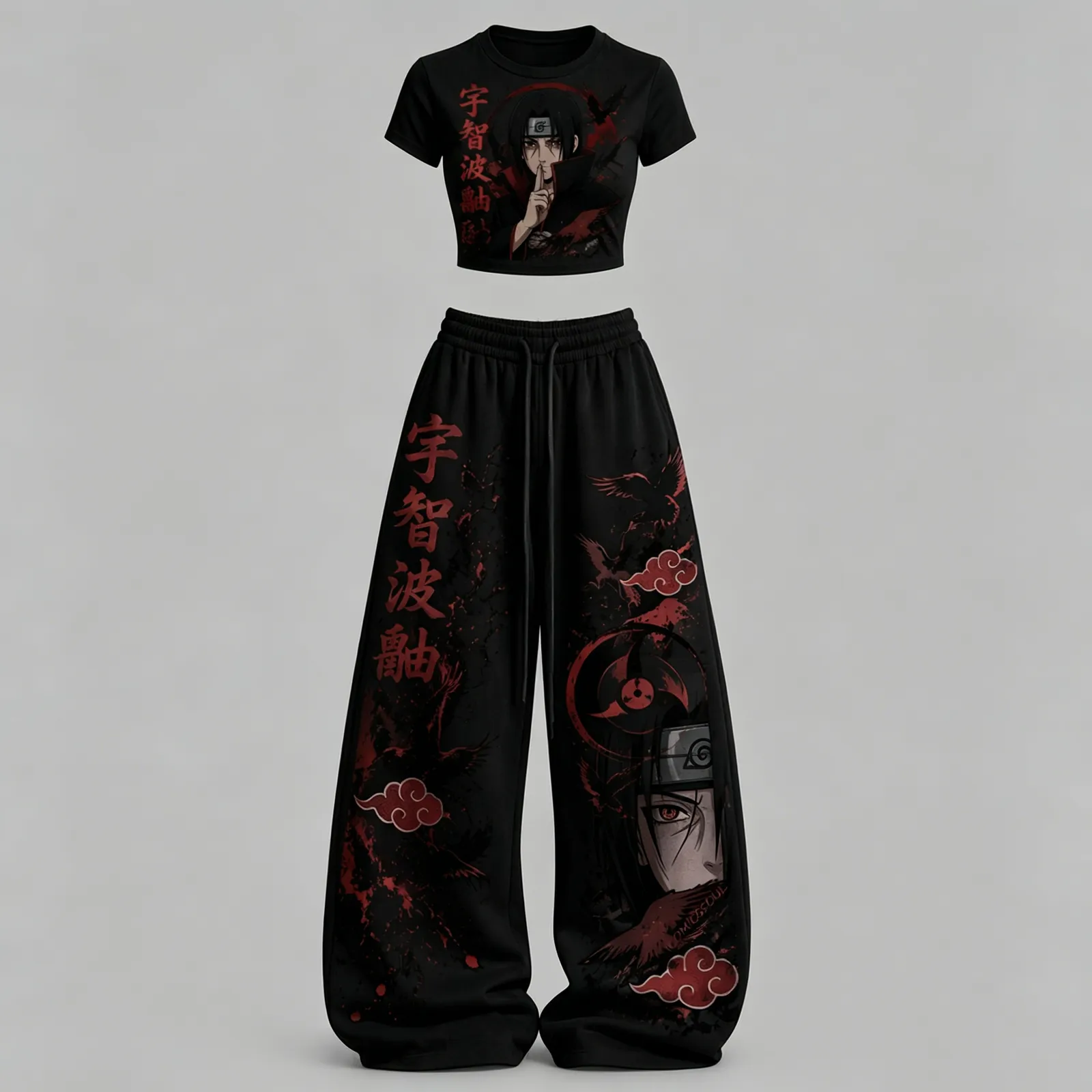 Naruto Itachi Uchiha Crop Tee and Wide Leg Trousers Two-Piece Set, Women's Black and Red Akatsuki Cloud Anime Lounge Outfit, Sharingan Fan Gift