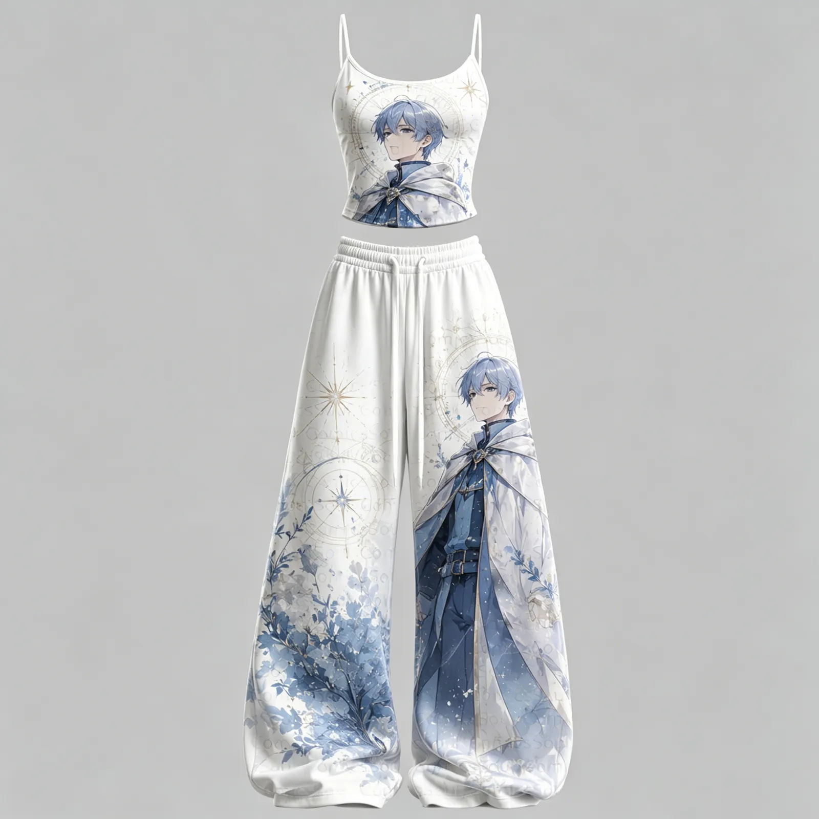 Frieren Beyond Journey's End Himmel Cami Crop Top and Wide Leg Trousers Two-Piece Set, Women's White and Blue Anime Lounge Outfit, Hero Set