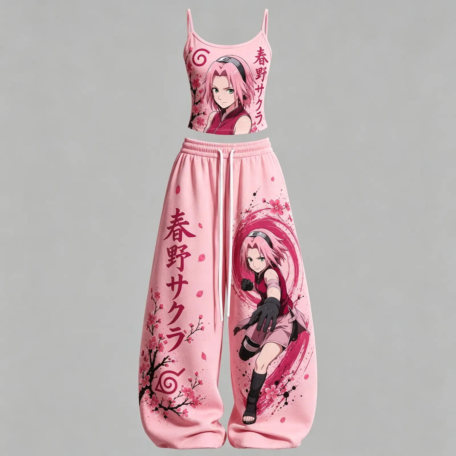 Naruto Sakura Haruno Cami Crop Top and Wide Leg Trousers Two-Piece Set, Women's Cherry Blossom Hidden Leaf Anime Matching Lounge Outfit