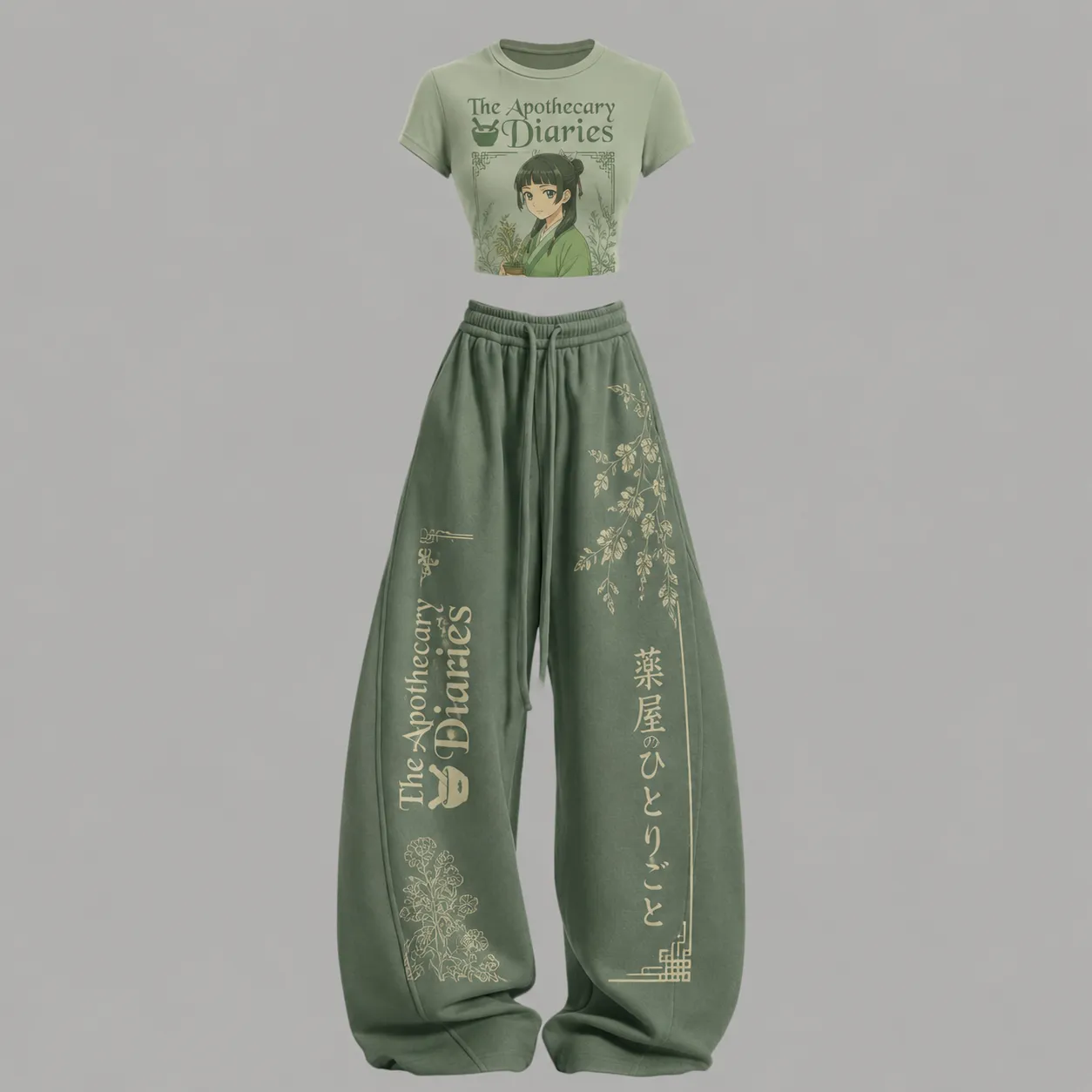 The Apothecary Diaries Maomao Crop Tee and Wide Leg Trousers Two-Piece Set, Sage Green Herbal Anime Lounge Outfit, Women's Matching Co-ord