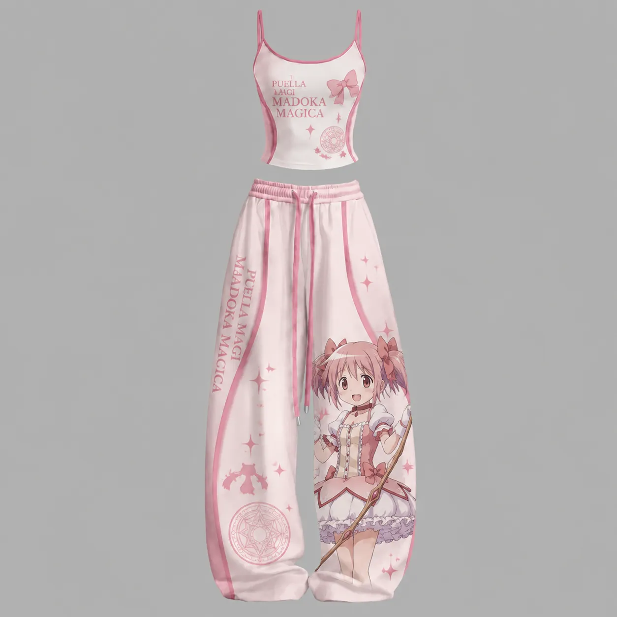 Puella Magi Madoka Magica Cami Crop Top and Wide Leg Trousers Two-Piece Set, Pink White Magical Girl Anime Lounge Outfit, Women's Matching Co-ord