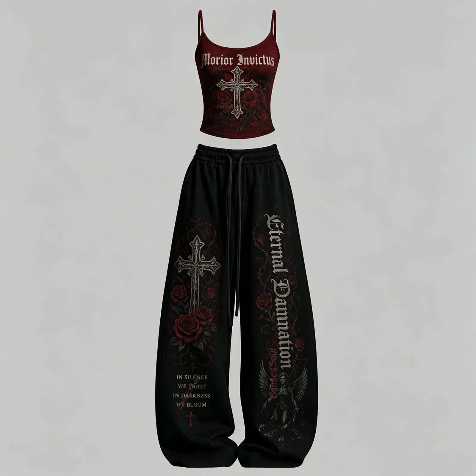 Women's Roses and Crosses Cami Crop Top and Wide Leg Trousers Set, Morior Invictus Gothic Two-Piece Lounge Outfit, Dark Angel Rose Print Set