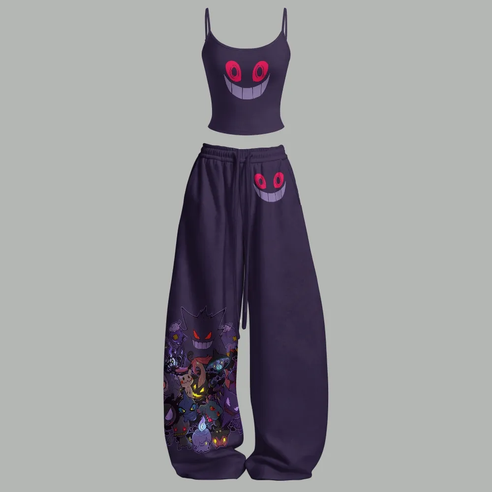 Pokémon Gengar Grin Ghost Type Cami Crop Top and Wide Leg Trousers Two-Piece Set, Dark Purple Halloween Lounge Outfit, Women's Anime Co-ord