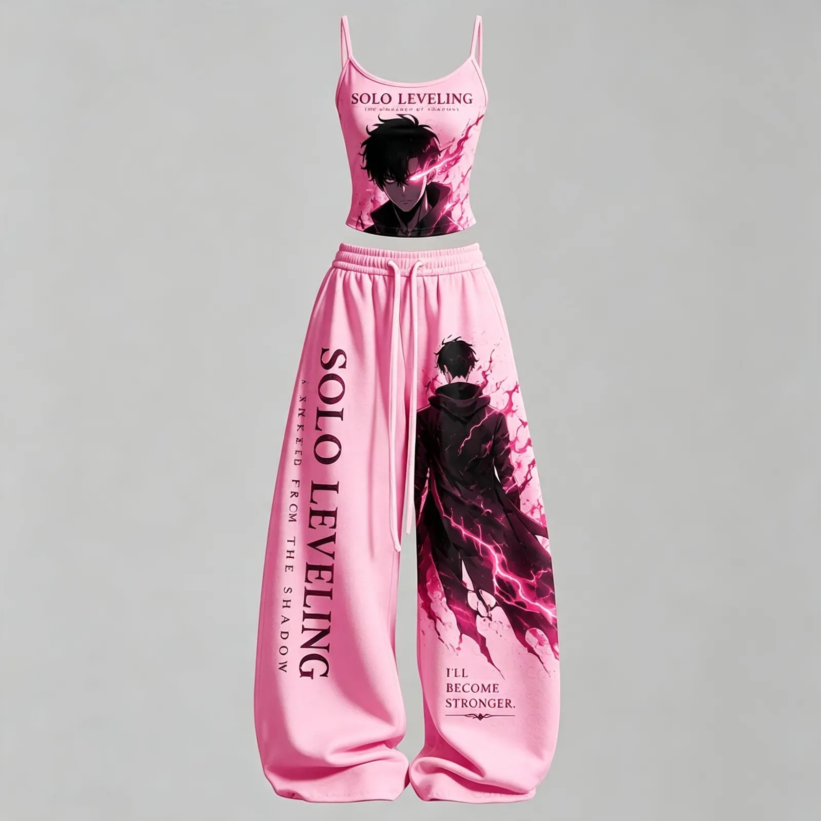 Solo Leveling Sung Jinwoo Cami Crop Top and Wide Leg Trousers Two-Piece Set, Women's Pink I'll Become Stronger Anime Lounge Outfit