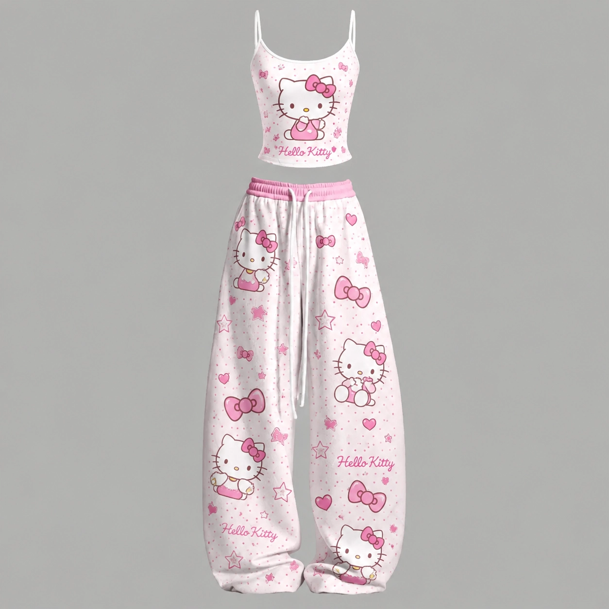 Hello Kitty Pink Bow Cami Crop Top and Wide Leg Trousers Two-Piece Set, Women's Sanrio Kawaii Matching Pajama Lounge Outfit, Gift for Her
