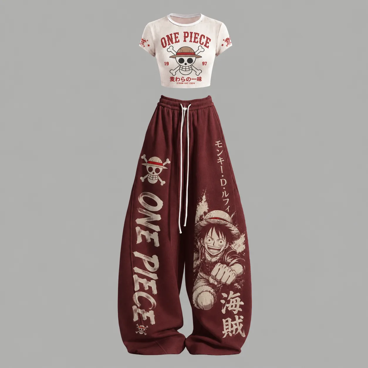 One Piece Luffy Crop Tee and Wide Leg Trousers Two-Piece Set, Women's Cream and Maroon Straw Hat Crew Lounge Outfit, Anime Matching Set