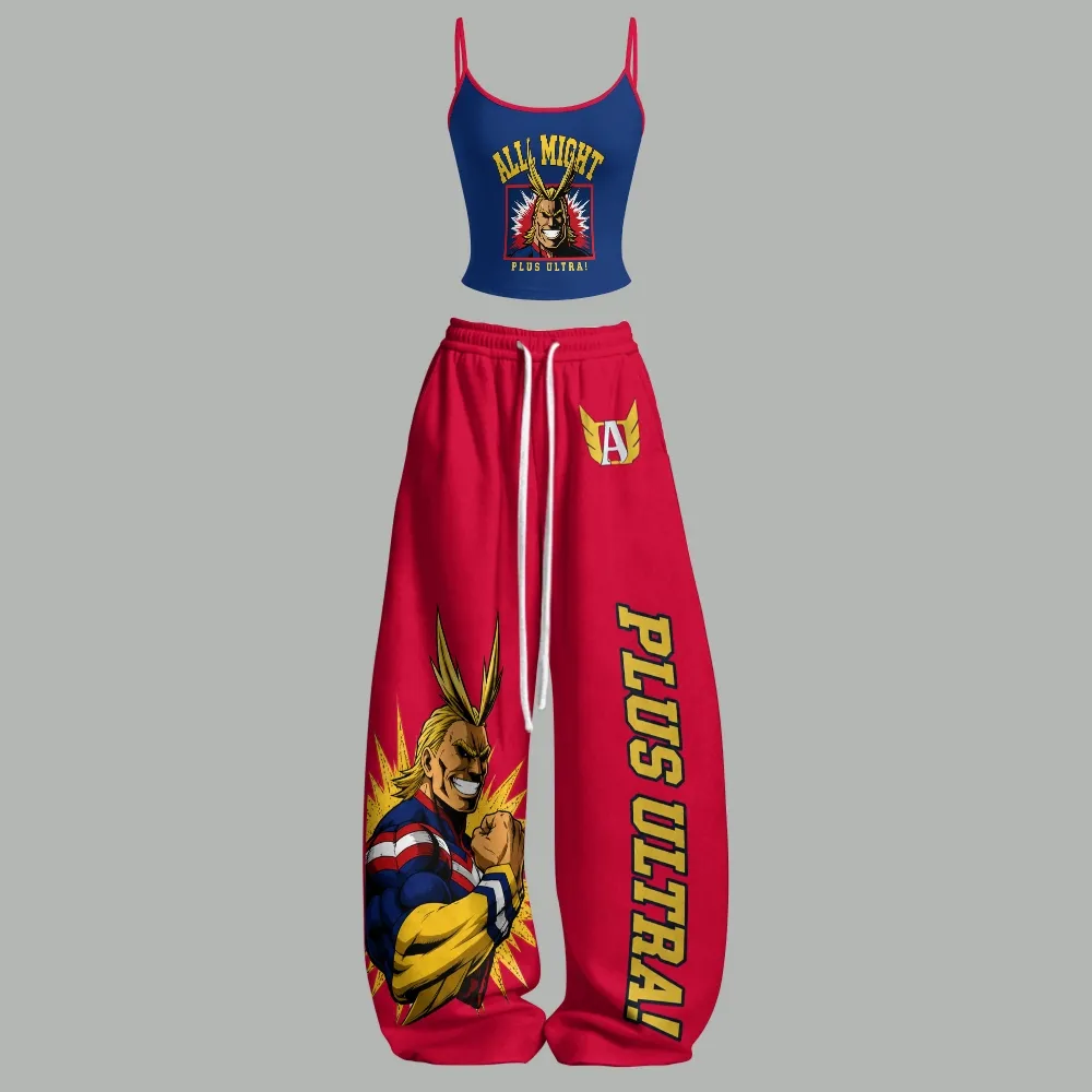 My Hero Academia All Might Plus Ultra Cami Crop Top and Wide Leg Trousers Two-Piece Set, Women's Blue and Red Anime Lounge Outfit, MHA Fan Gift