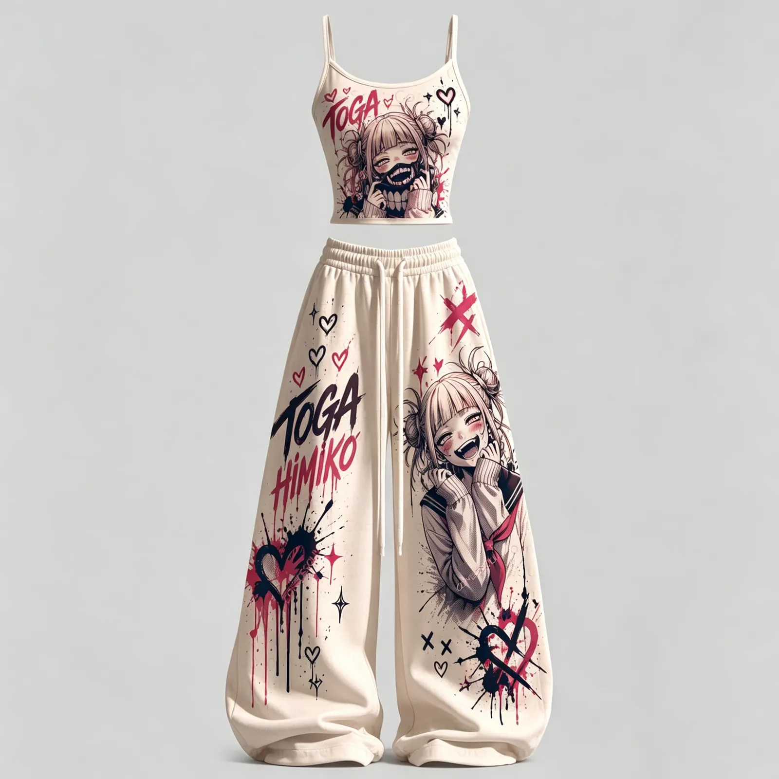 My Hero Academia Toga Himiko Cami Crop Top and Elasticated Wide Leg Trousers Two-Piece Set, Women's Cream Graffiti Heart Anime Outfit