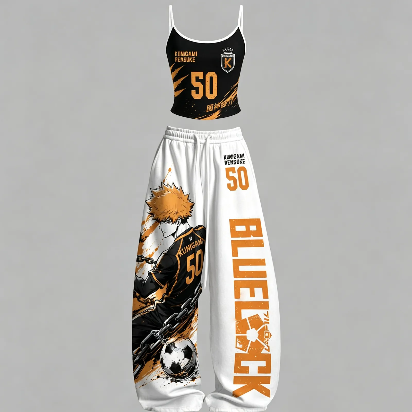 Blue Lock Kunigami Rensuke 50 Cami Top and Elasticated Trousers Two-Piece Set, Women's Black White and Orange Soccer Anime Lounge Outfit