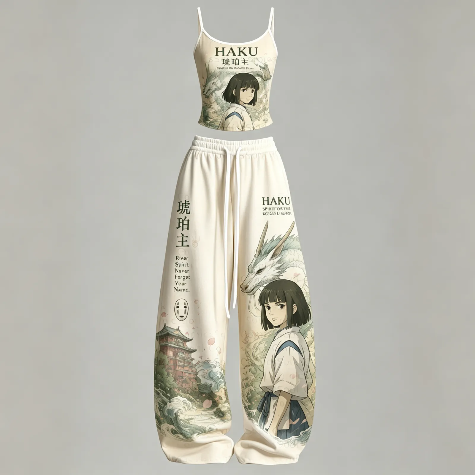 Spirited Away Haku River Spirit Cami Top and Elasticated Trousers Two-Piece Set, Women's Cream and Sage Studio Ghibli Lounge Outfit, Dragon Set