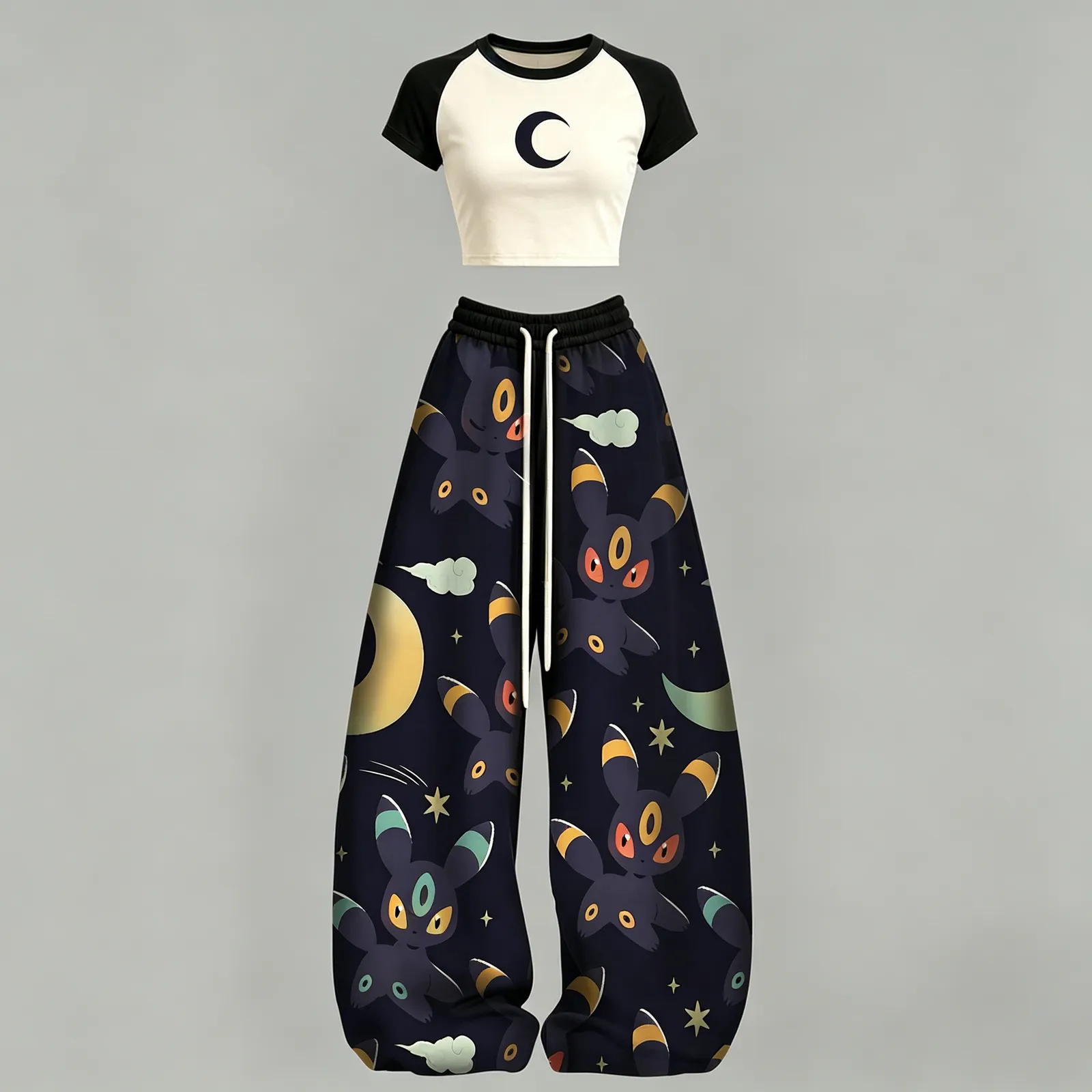 Pokémon Umbreon Crescent Moon Crop Tee and Wide Leg Trousers Set, Women's Two-Piece Lounge Outfit, Eeveelution Night Sky Pattern Pajama Set