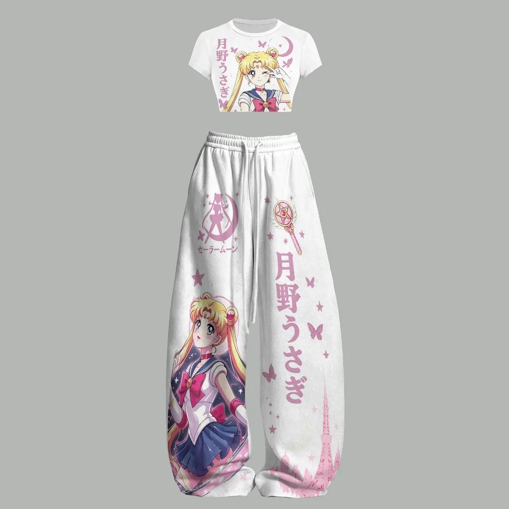 Sailor Moon Usagi Tsukino Women Crop Tee and Wide Leg Trousers Two-Piece Set, White and Pink Crescent Wand Anime Lounge Outfit, Matching Set
