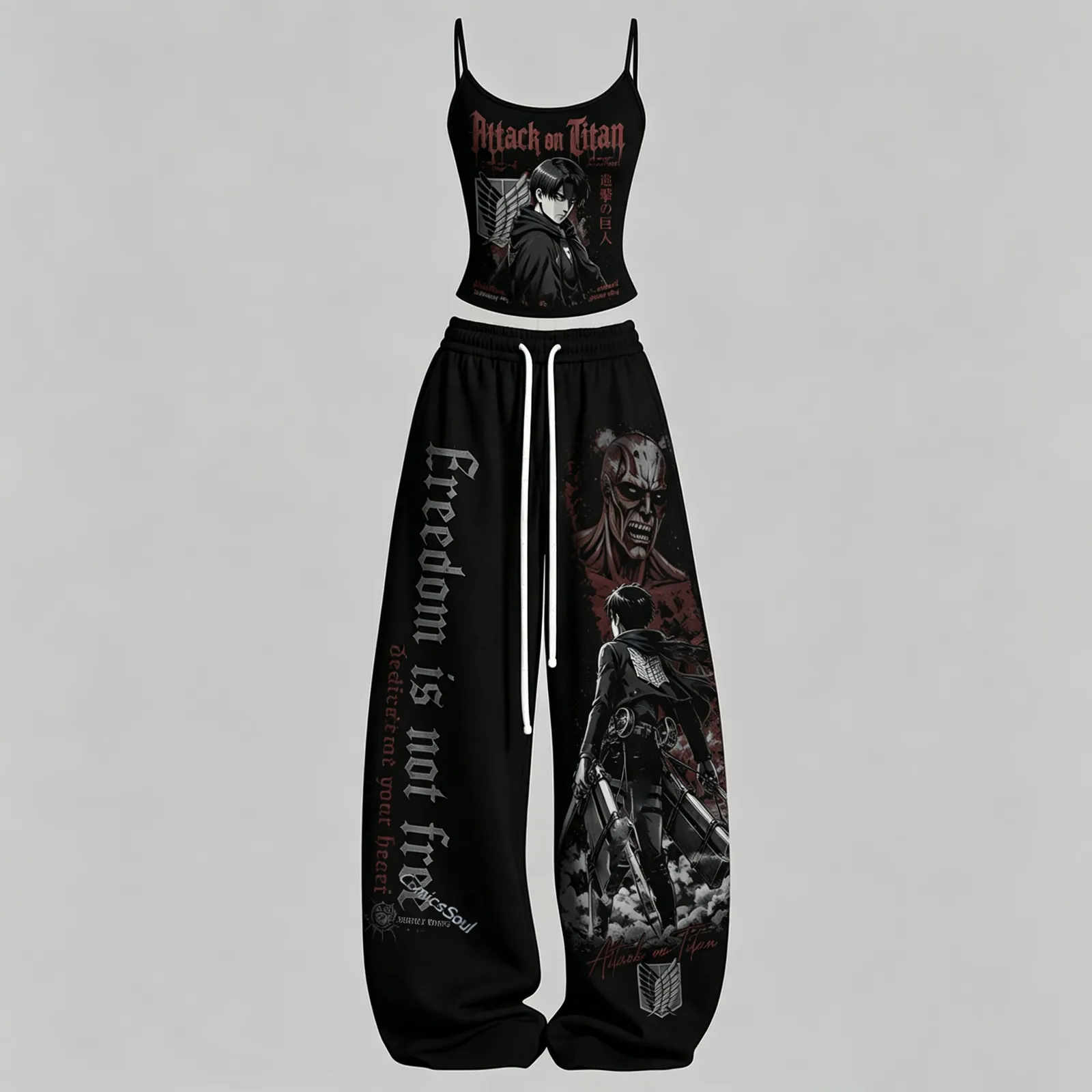 Attack on Titan Levi Ackerman Cami Crop Top and Wide Leg Trousers Two-Piece Set, Women's Black Anime Lounge Outfit, Freedom Is Not Free Set