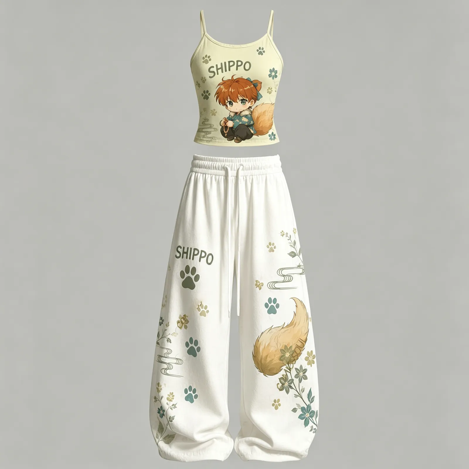 Inuyasha Shippo Cami Crop Top and Wide Leg Trousers Two-Piece Set, Cream Fox Tail Paw Print and Flowers, Women's Anime Kawaii Lounge Outfit