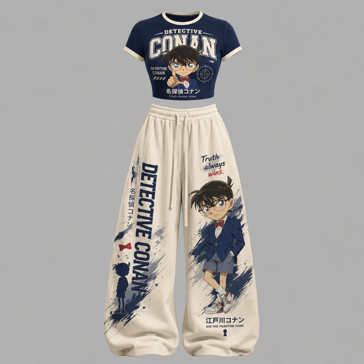 Detective Conan T-Shirt Crop Tee and Wide Leg Trousers Two-Piece Set, Navy and Cream Truth Always Wins Print, Women's Anime Lounge Outfit