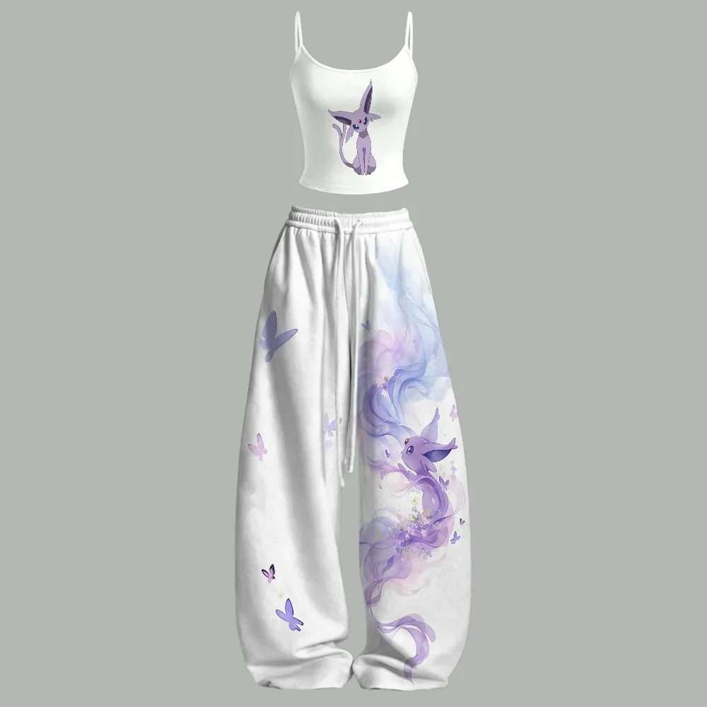 Pokémon Espeon Cami Crop Top and Wide Leg Trousers Two-Piece Set, Women's White and Lavender Watercolor Butterfly Lounge Outfit, Anime Set