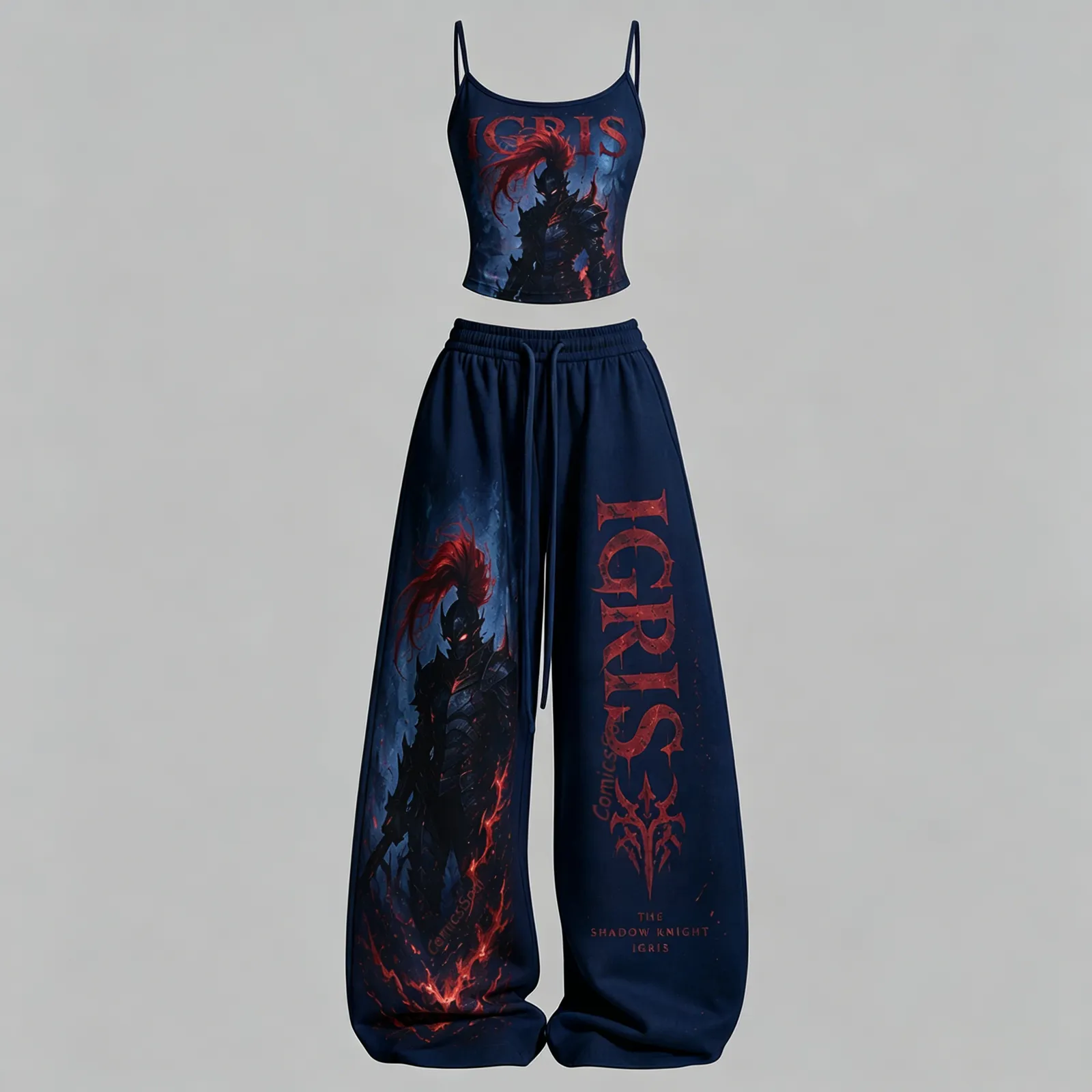 Solo Leveling Igris Shadow Knight Cami Crop Top and Wide Leg Trousers Two-Piece Set, Women's Navy Red Anime Lounge Outfit, Jinwoo Fan Gift