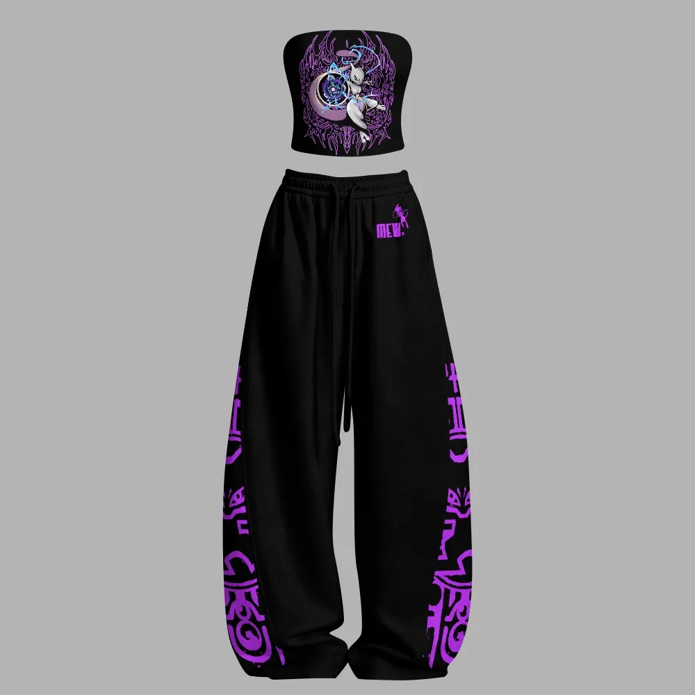 Pokémon Mewtwo Strapless Tube Top and Wide Leg Trousers Two-Piece Set, Women's Black and Neon Purple Tribal Print Lounge Outfit, Pokémon Fan Gift