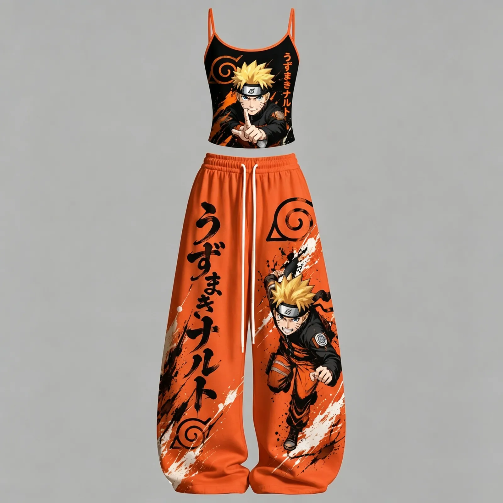 Naruto Uzumaki Cami Crop Top and Wide Leg Trousers Two-Piece Set, Orange Hidden Leaf Symbol Print, Women's Anime Ninja Matching Outfit