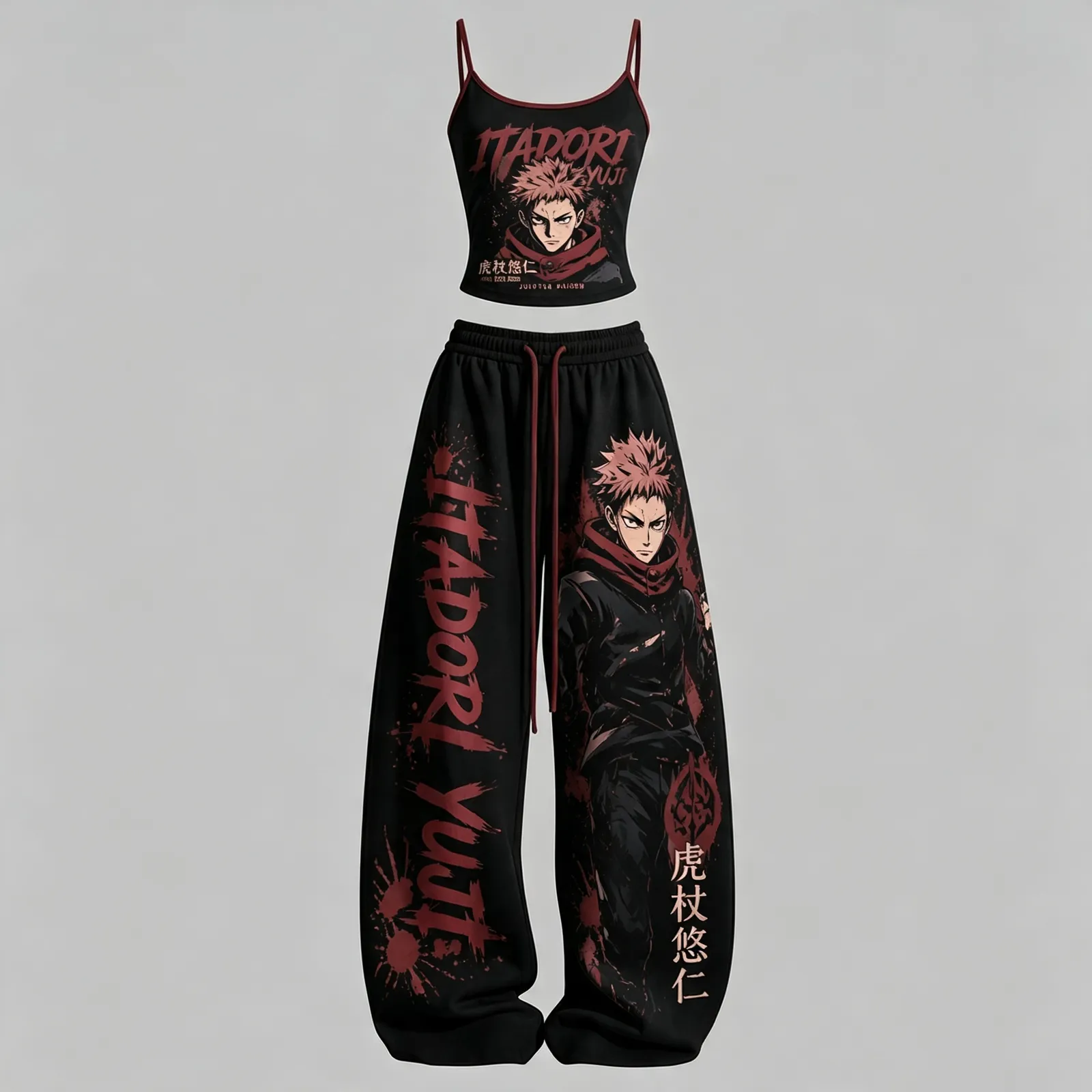 Jujutsu Kaisen Itadori Yuji Cami Top and Elasticated Trousers Two-Piece Set, Women's Black and Crimson Anime Lounge Outfit, JJK Matching Set