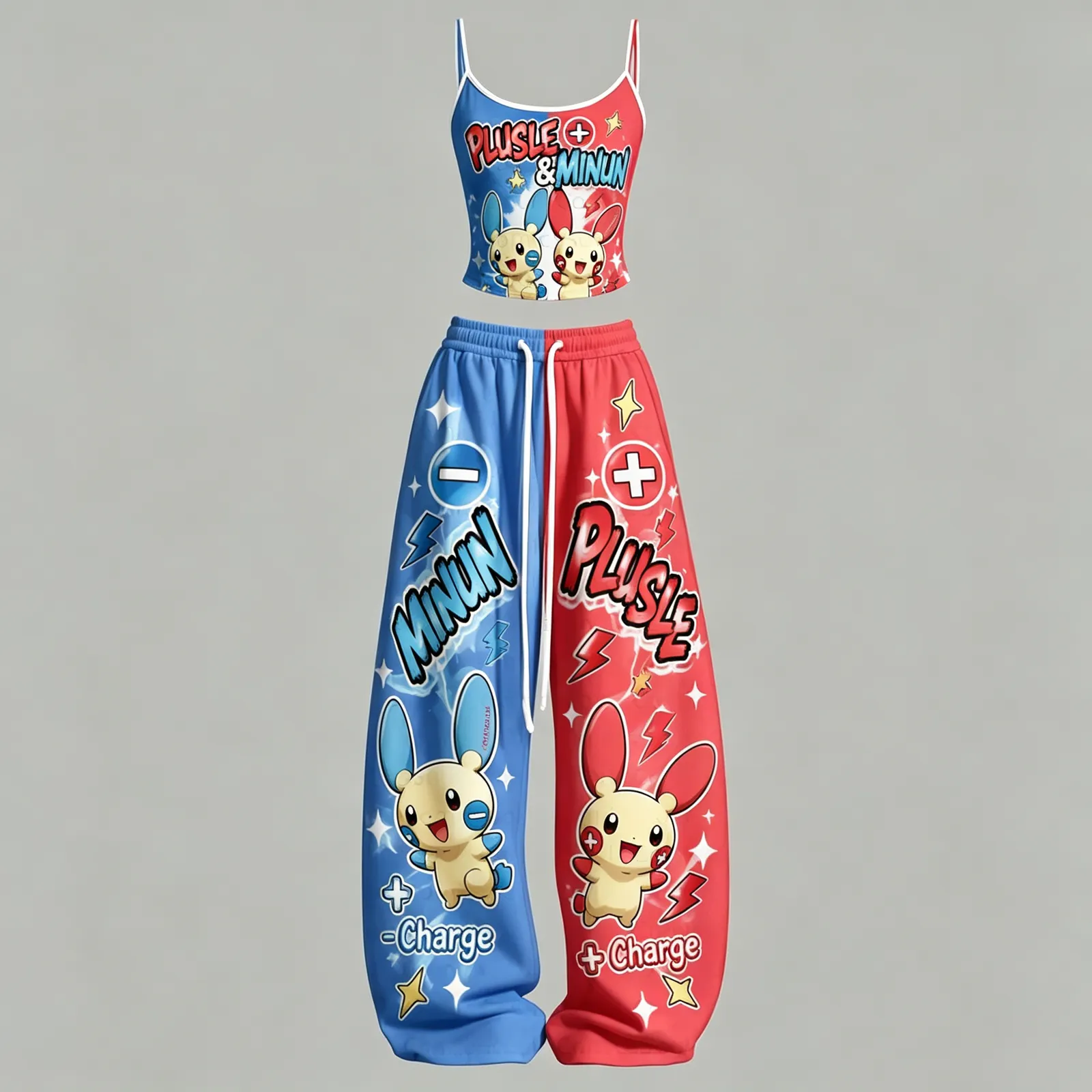 Pokémon Plusle and Minun Cami Crop Top and Wide Leg Trousers Two-Piece Set, Blue and Red Split Plus Minus Charge Print, Women's Gamer Outfit