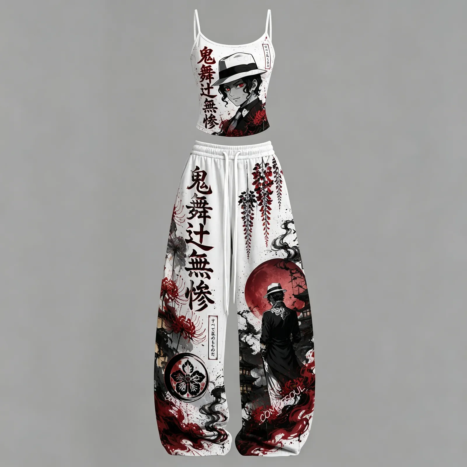 Demon Slayer Muzan Kibutsuji Cami Crop Top and Wide Leg Trousers Two-Piece Set, Women's White and Red Spider Lily Anime Lounge Outfit