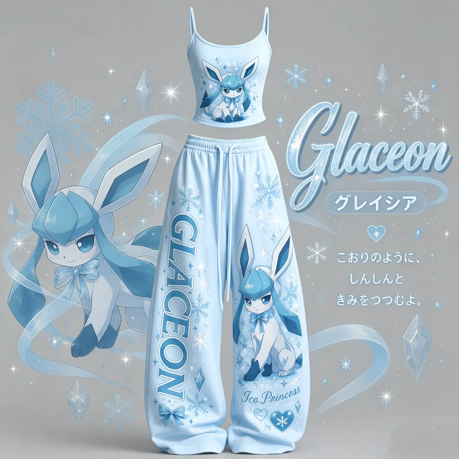 Pokémon Glaceon Cami Crop Top and Wide Leg Trousers Two-Piece Set, Women's Light Blue Ice Princess Lounge Outfit, Eeveelution Matching Set