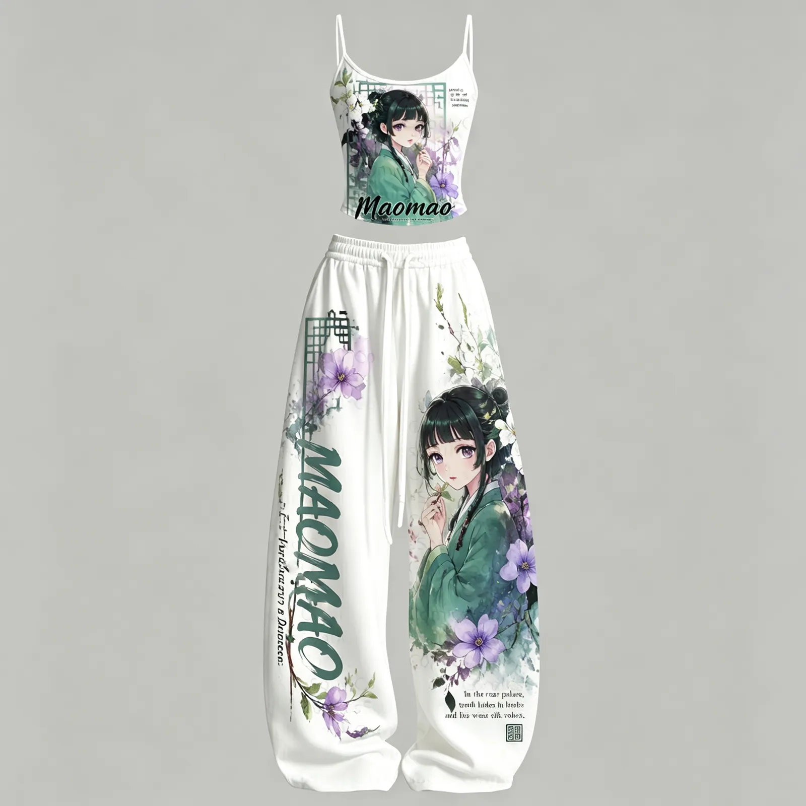 The Apothecary Diaries Maomao Cami Crop Top and Wide Leg Trousers Two-Piece Set, Women's White and Jade Watercolor Floral Anime Lounge Outfit