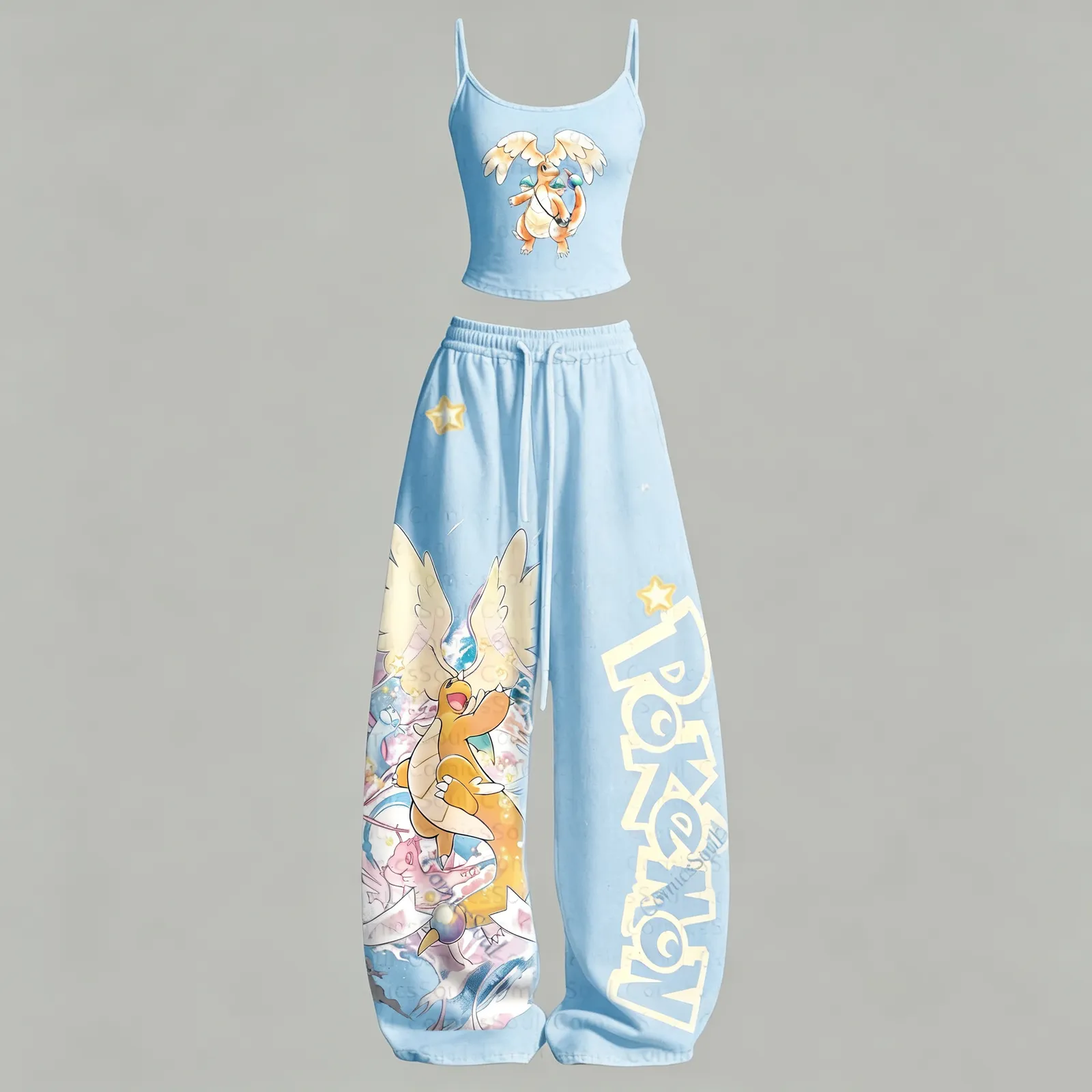 Pokémon Dragonite Angel Wings Cami Crop Top and Elasticated Wide Leg Trousers Two-Piece Set, Women's Light Blue Pastel Anime Lounge Outfit
