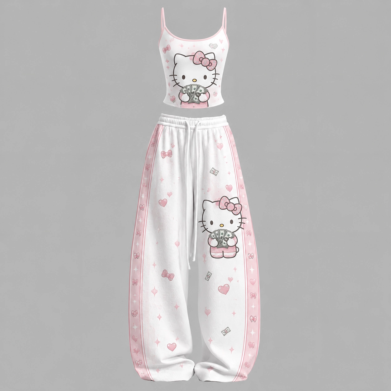 Hello Kitty Money Cami Crop Top and Wide Leg Trousers Set, Women's Two-Piece Lounge Outfit, Pink Bow Hearts Sanrio Kawaii Matching Set Gift