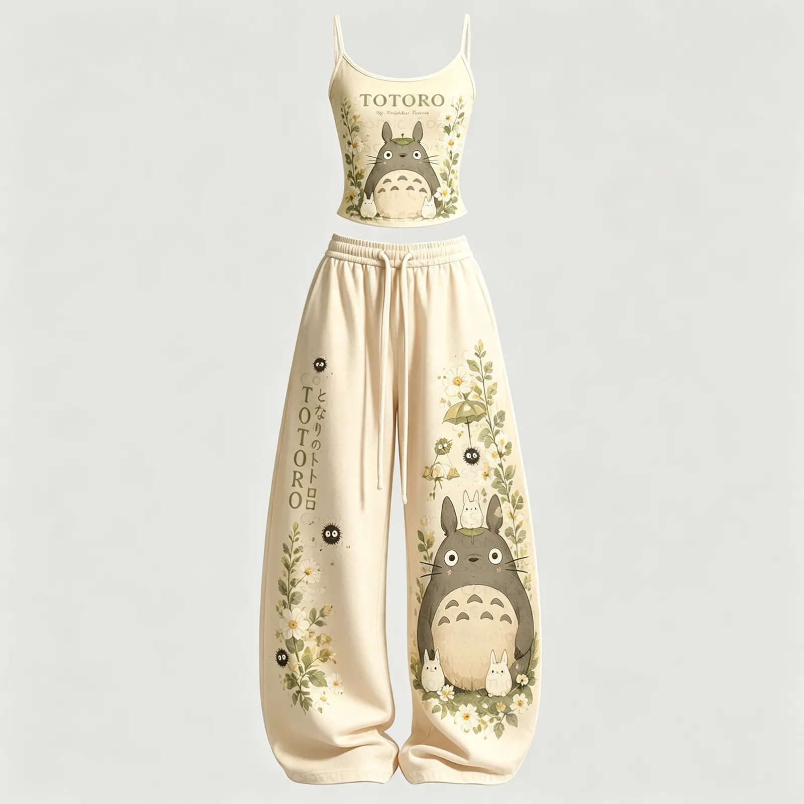 My Neighbor Totoro Cami Crop Top and Wide Leg Trousers Two-Piece Set, Women's Cream Sage Studio Ghibli Lounge Outfit, Soot Sprites Floral Gift