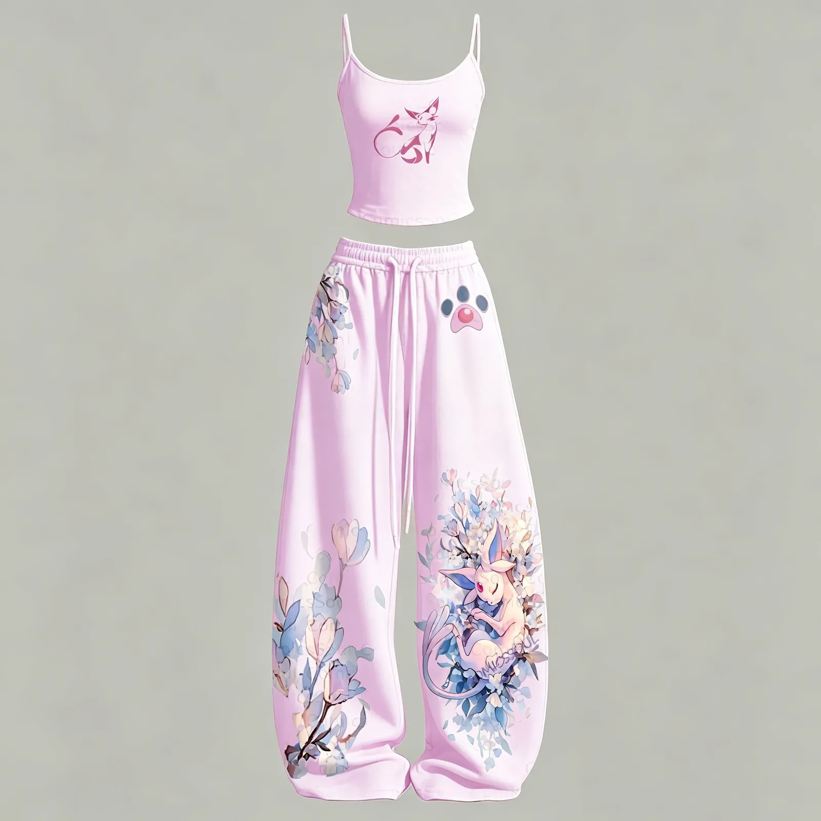 Pokémon Espeon Floral Cami Top and Elasticated Trousers Two-Piece Set, Women's Pastel Pink Watercolor Anime Lounge Outfit, Pokemon Matching Set
